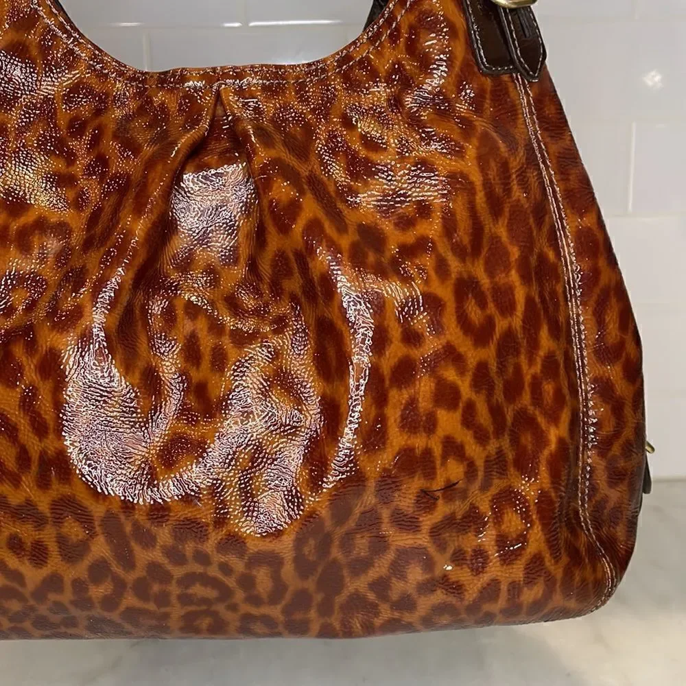 Coach Purse Handbag Leather Maggie Mia Ocelot Gloss Patent Hobo Shoulder Bag